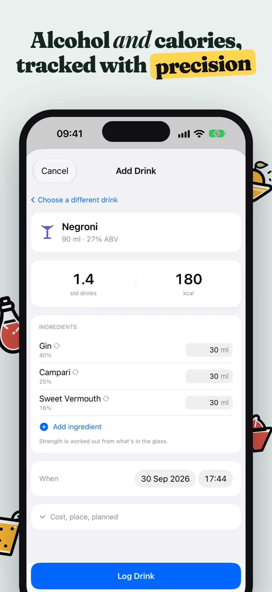 Alcohol and calories, tracked with precision