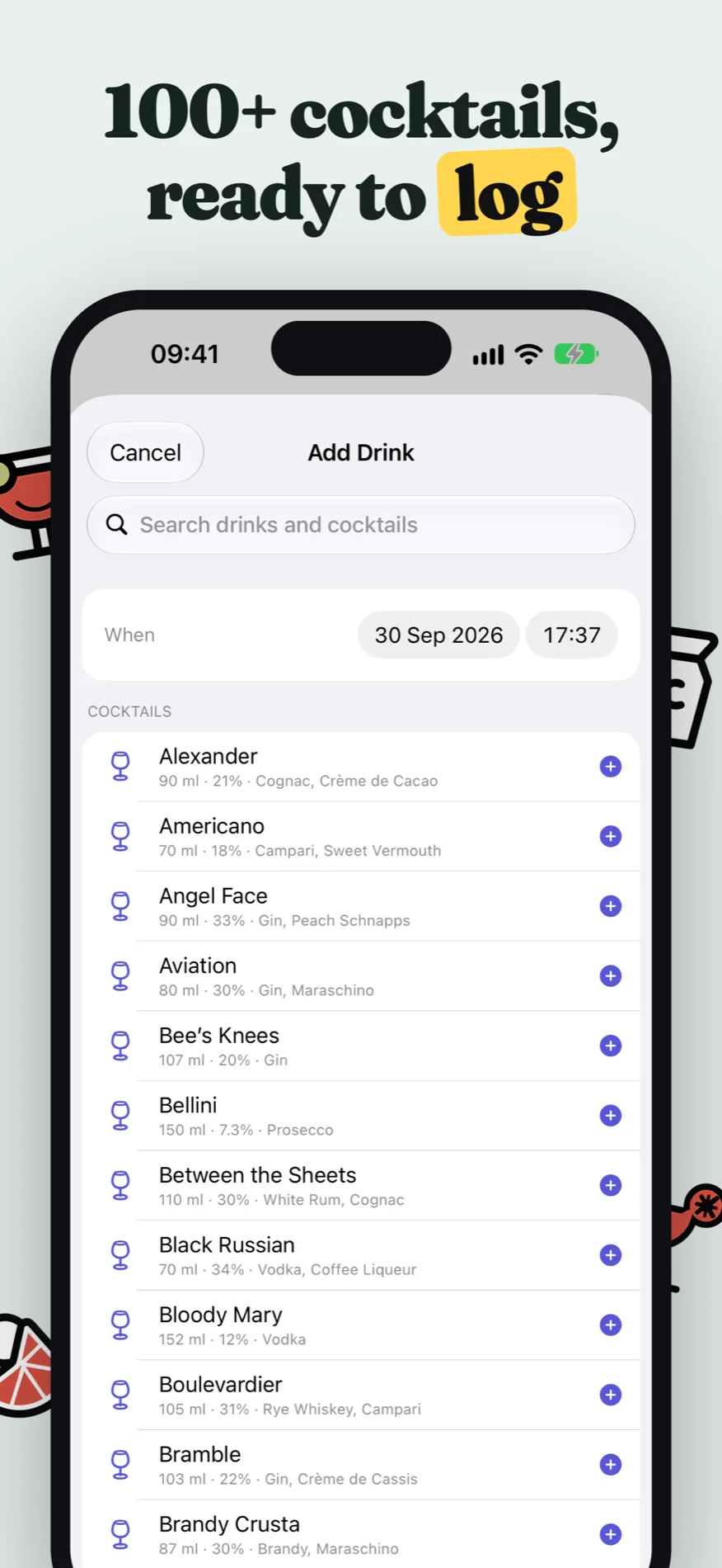 100+ cocktails, ready to log