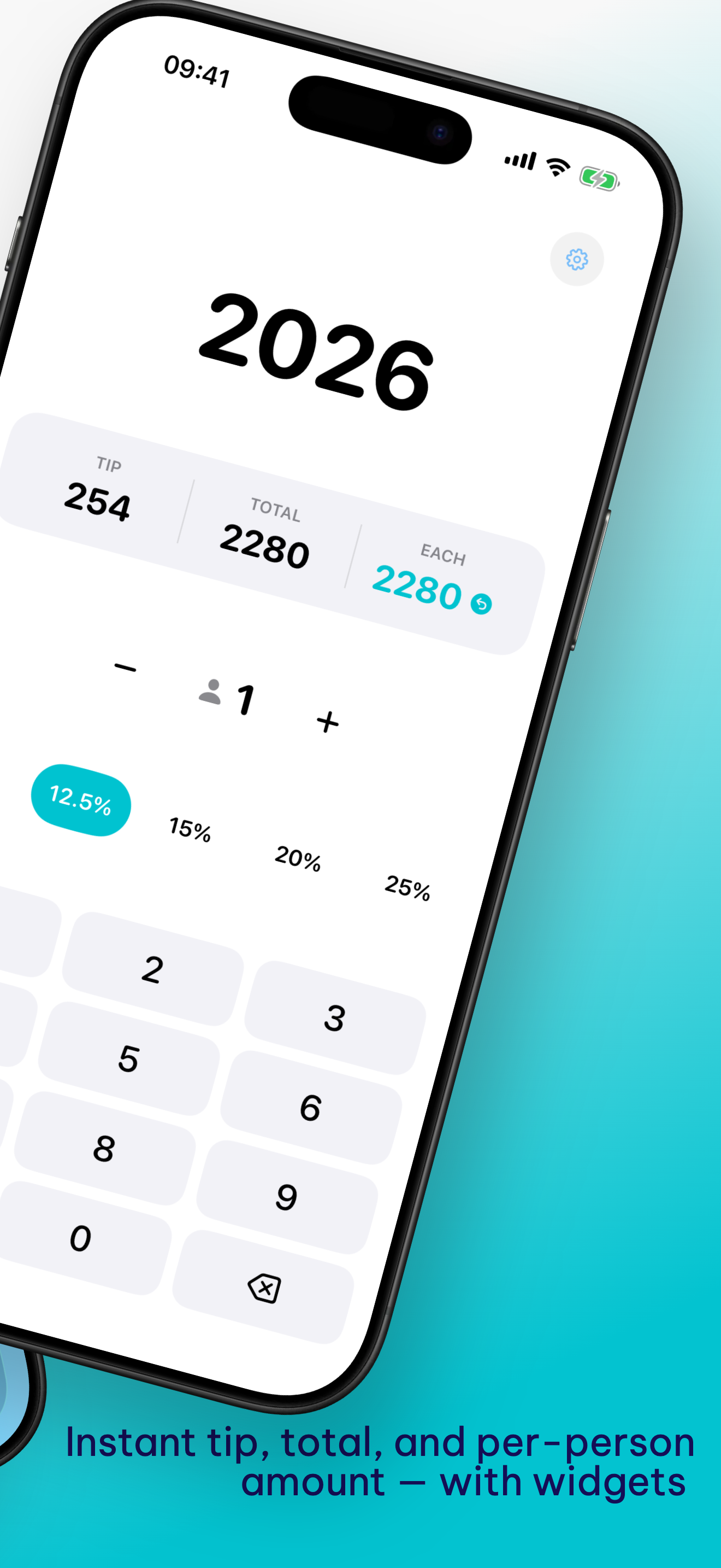 Calculator showing tip, total, and per-person amount