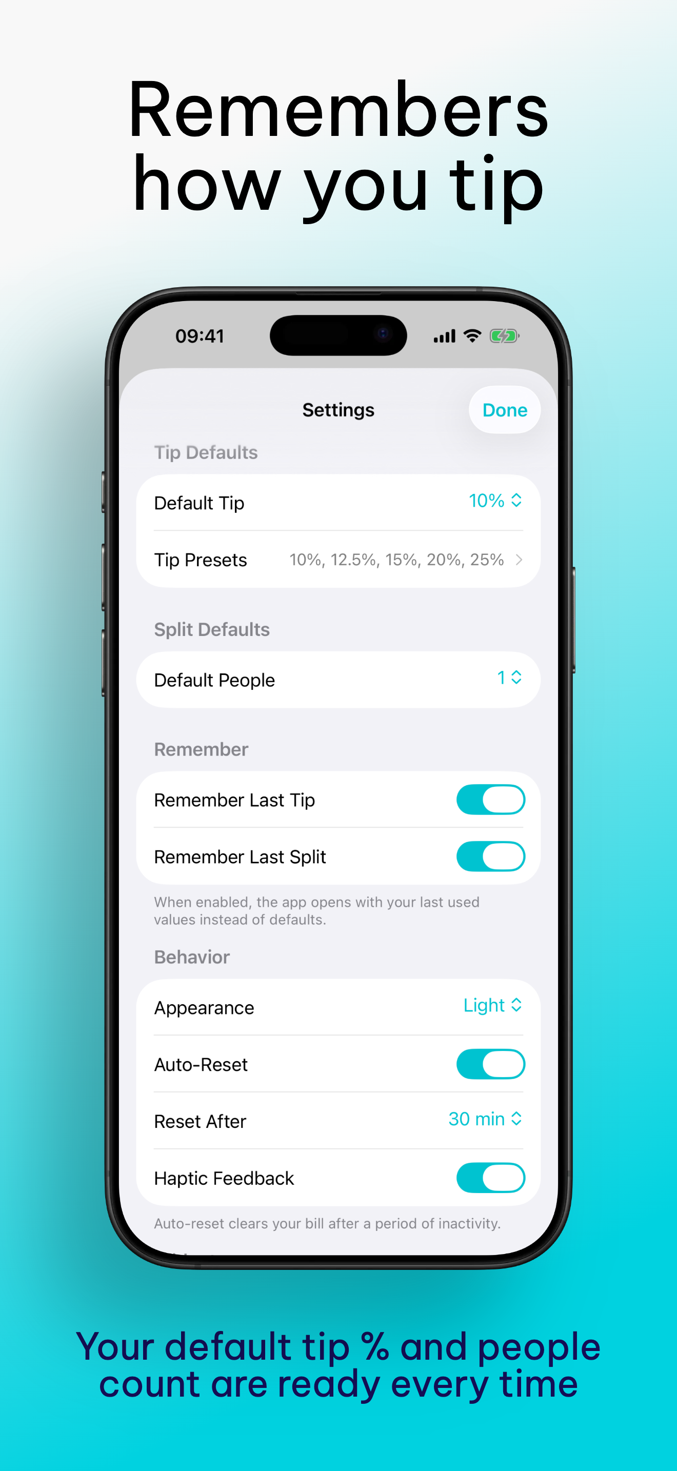 Settings - remembers how you tip